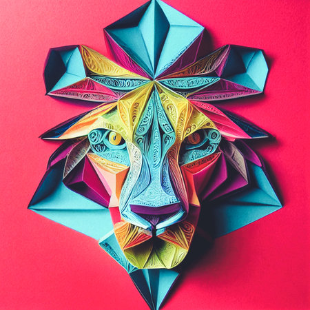 Splendid paper quilling male lion in digital art AI generated image. Realistic abstract paper craft in geometric shape of lion head for decorative wallpaper or background.の写真素材