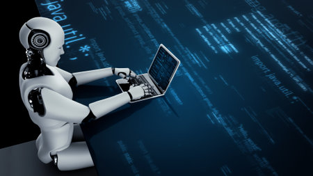 Futuristic robot artificial intelligence huminoid AI programming coding technology development and machine learning concept. Robotic bionic science research for future of human life. 3D rendering.の写真素材