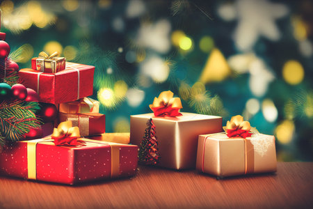 Many gift boxes for merry christmas and new year 2023 spectacular celebration. Generative AI.の素材