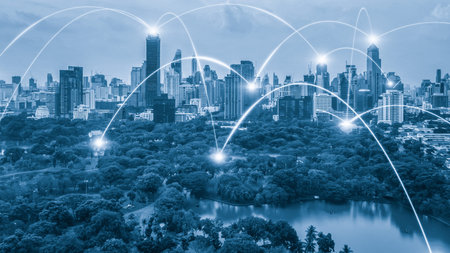 Smart digital city with connection network reciprocity over the cityscape . Concept of future smart...