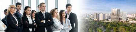 Successful business people standing together widen out showing strong relationship of worker...