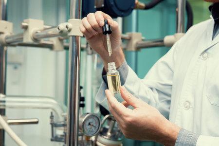 A scientist or apothecary extracts CBD hemp oil for medicinal purposes in a laboratory. Alternative...