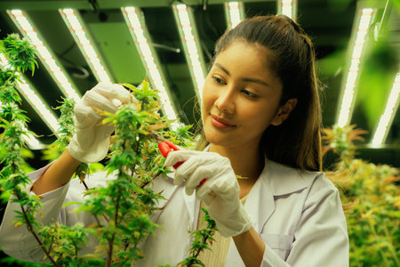 Closeup female scientist cutting, trimming gratifying young cannabis sativa plant leaf with secateurs in curative indoor farm. Cannabis for alternative medical concept.の写真素材