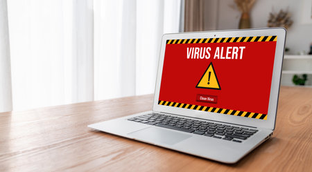 Virus warning alert on computer screen detected modish cyber threat , hacker, computer virus and malwareの写真素材