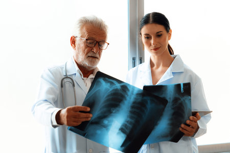 In a hospital sterile room, two professional radiographers hold and examine a radiograph for medical...