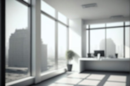 Blur background of empty modern office background in city center . Workspace interior design . Clean and bright office gallery backgroundの写真素材