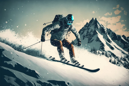 Sport man skiing on snow mountain in winter . Active and extreme sport. Peculiar AI generative image.の素材