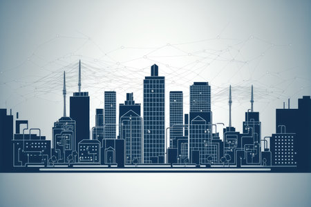 Smart city social media network connection concept. Peculiar AI generative image.の素材