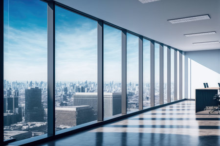 Empty modern office background in city center . Workspace interior design . Clean and bright office gallery background. Peculiar AI generative image.の素材