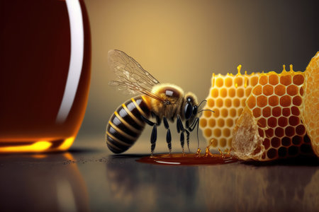 Bee and honey from close up view of nature insect. Peculiar AI generative image.の素材