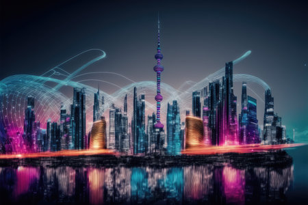 Smart city with communication network graphic connecting the city with wireless internet technology. Futuristic city big data flowing cityscape. IOT internet of things. Peculiar AI generative image.の素材