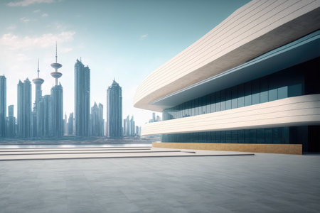 Modern architecture building design with empty concrete floor and urban city skyline in background showing copy space on the clear balcony. Peculiar AI generative image.の素材