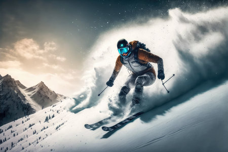 Sport man skiing on snow mountain in winter . Active and extreme sport. Peculiar AI generative image.の素材