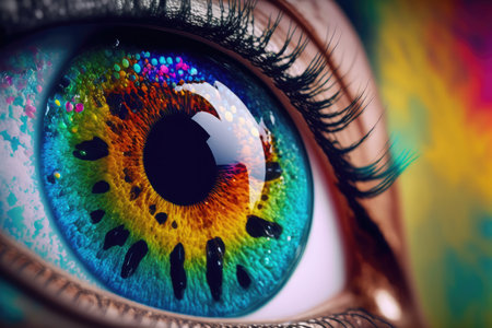 Close up view of female eye with multicolored eyeball and colorful makeup powder. Peculiar AI generative image.の素材