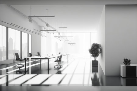 Empty modern office background . Workspace interior design white color . Clean and bright office gallery background. Peculiar AI generative image.の素材