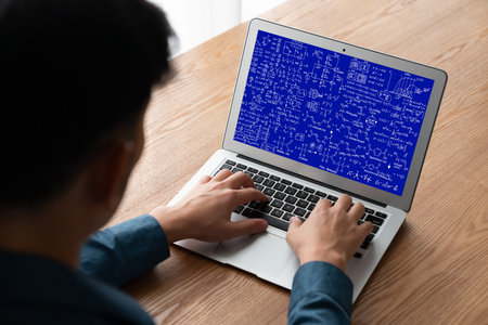 Mathematic equations and modish formula on computer screen showing concept of science and educationの写真素材