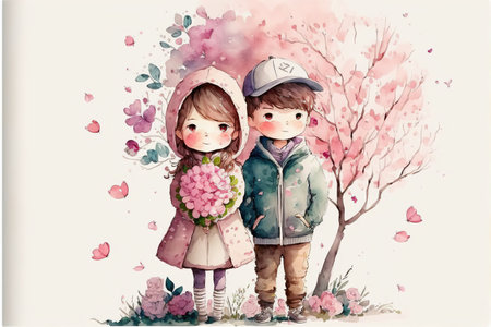 Cute boy and girl in love on romantic Valentines day hand drawn cartoon style. Generative AI.の素材