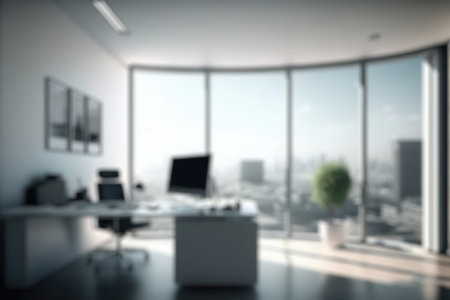 Blur background of empty modern office background in city center . Workspace interior design . Clean and bright office gallery backgroundの写真素材