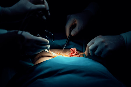 Closeup surgical team performing surgery to patient in sterile operating room. In a surgery room lit by a lamp, a professional and confident surgical team provides medical care to unconscious patient.の写真素材