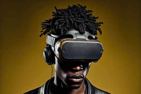 African man wearing virtual reality goggles standing studio clean background . Concept of virtual reality technology , gaming simulation and metaverse. Peculiar AI generative image.の素材
