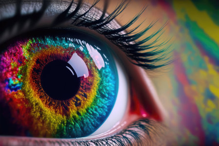 Close up view of female eye with multicolored eyeball and colorful makeup powder. Peculiar AI generative image.の素材