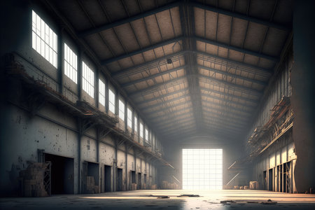 Inside empty warehouse or hangar with large steel structure for industrial background. Peculiar AI generative image.の素材