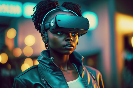 African woman wearing virtual reality goggles standing in virtual world background . Concept of virtual reality technology , gaming simulation and metaverse. Peculiar AI generative image.の素材