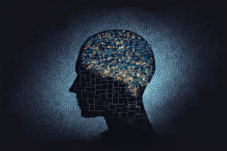 Genius human head with AI brain artificial intelligence virtual thinking system. Peculiar AI generative image.の素材