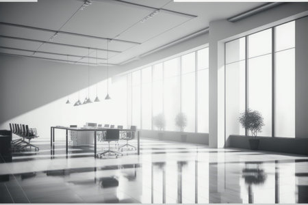 Empty modern office background . Workspace interior design white color . Clean and bright office gallery background. Peculiar AI generative image.の素材
