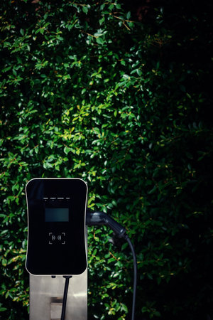 Charging station with greenery foliage background for combination of nature and alternative energy for progressive future renewable energy for electric car. Charger point with connecter device.の写真素材