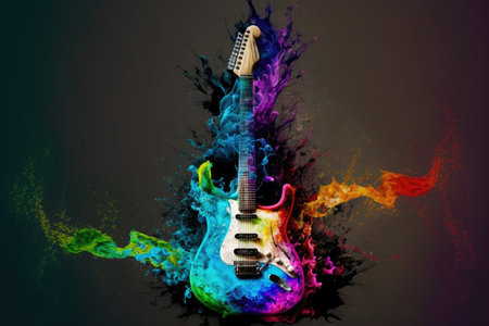Electric guitar decorated with stylish creative colorful watercolor splash showing concept of beautiful music and lyrics creations and innovation. Peculiar AI generative image.の素材