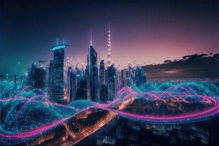 Smart city with communication network graphic connecting the city with wireless internet technology. Futuristic city big data flowing cityscape. IOT internet of things. Peculiar AI generative image.の素材