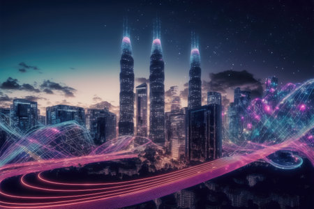 Smart city with communication network graphic connecting the city with wireless internet technology. Futuristic city big data flowing cityscape. IOT internet of things. Peculiar AI generative image.の素材