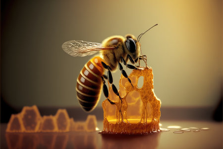 Bee and honey from close up view of nature insect. Peculiar AI generative image.の素材