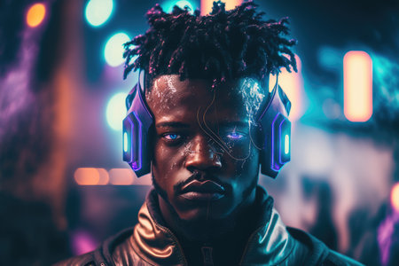 African man wearing virtual reality goggles standing in virtual world background . Concept of virtual reality technology , gaming simulation and metaverse. Peculiar AI generative image.の素材