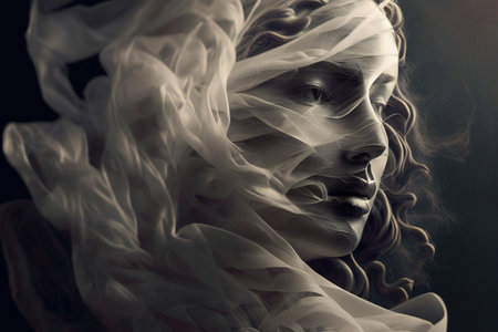 Abstract face of mystic lady glamour artistic mixing of face and fabric cloth showing concept of dream , imagination, spirit and psycology . Admirable Generative AI image .の素材