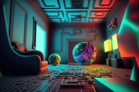 Metaverse room imaginative fantasy decoration design . Digital virtual reality gaming conceptural. Peculiar AI generative image.の素材