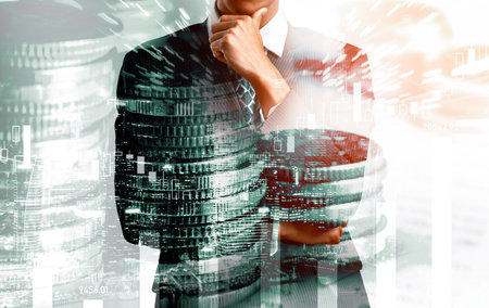 Businessman analyst working with digital finance business data graph showing technology of investment strategy for perceptive financial business decision. Digital economic analysis technology concept.の写真素材