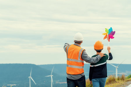 Engineer with his son holding windmill toy on a wind farm atop a hill or mountain. Progressive ideal...
