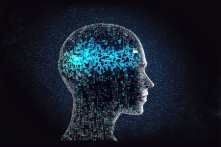 Genius human head with AI brain artificial intelligence virtual thinking system. Peculiar AI generative image.の素材