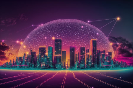 Futuristic smart city internet network connection through wireless system. Peculiar AI generative image.の素材