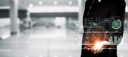 Businessman analyst working with digital finance business data graph showing technology of...