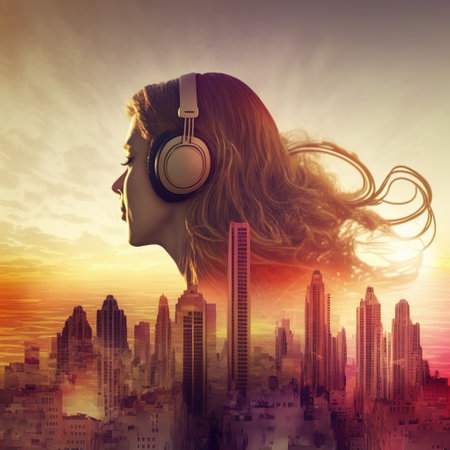 Sedate double exposure profile of happy beautiful girl enjoying music in headphone concept with cityscape graphic design with dusk or dawn sunlight in horizon. Music lover lifestyle by Generative AI.の素材