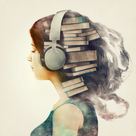 Sedate portrait of beautiful pensive woman enjoy her music with double exposure effect of book on headphone. Concept of education and literacy in human bookshelf in isolated background. Generative AIの素材