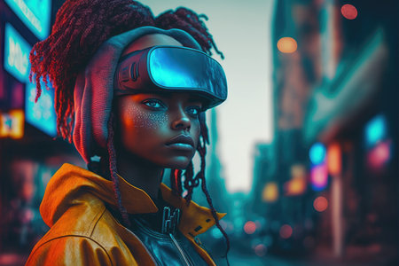 African woman wearing virtual reality goggles standing in virtual world background . Concept of virtual reality technology , gaming simulation and metaverse. Peculiar AI generative image.の素材