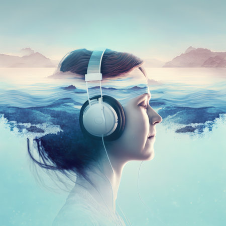 Creative double exposure sedate woman portrait wearing headphone listening to music or sound of blue sea wave splashing for refreshment as concept of oceanic tranquility. Generative AIの素材
