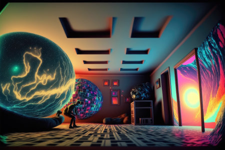 Metaverse room imaginative fantasy decoration design . Digital virtual reality gaming conceptural. Peculiar AI generative image.の素材