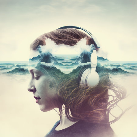 Creative double exposure sedate woman portrait wearing headphone listening to music or sound of blue sea wave splashing for refreshment as concept of oceanic tranquility. Generative AIの素材