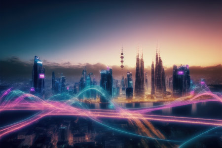 Smart city with communication network graphic connecting the city with wireless internet technology. Futuristic city big data flowing cityscape. IOT internet of things. Peculiar AI generative image.の素材