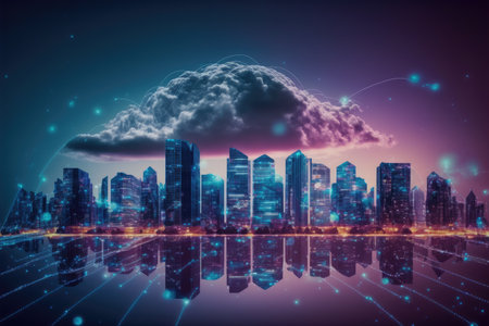 Futuristic smart city internet network connection through wireless system. Peculiar AI generative image.の素材